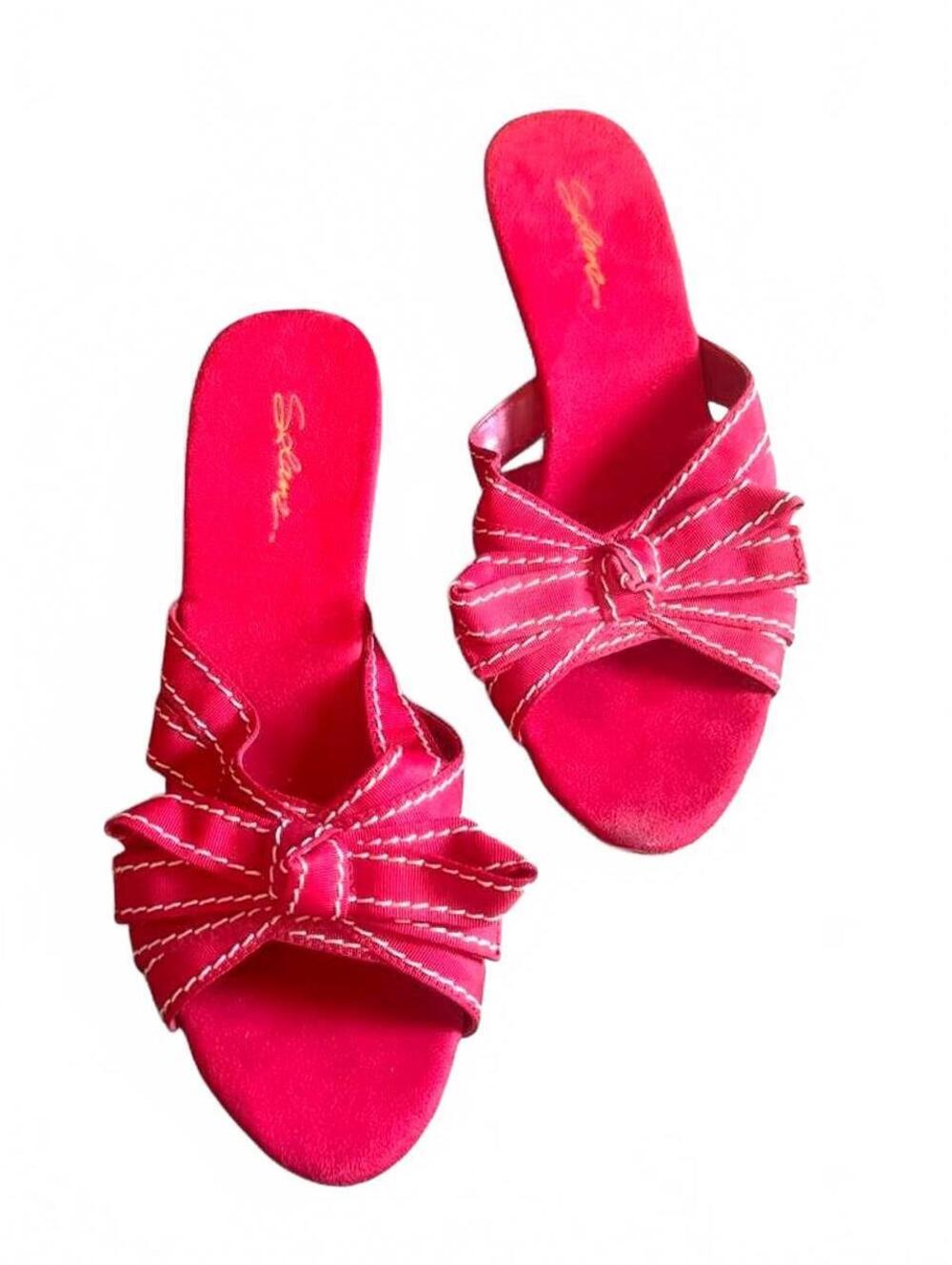 Y2K Red Bow Cork Wedge Slide Sandals Low Heel Size 8.5